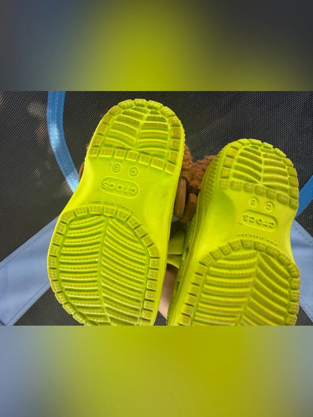 CROCS Kids Neon Lime Clog Sandals with Brown Faux Fur Trim